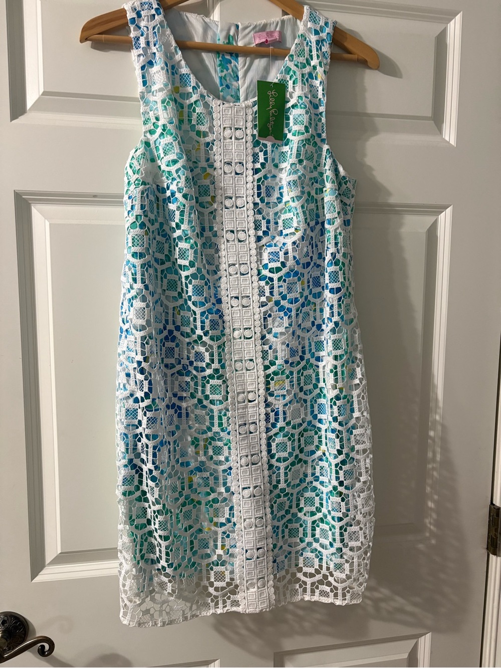 Lilly Pulitzer White Lace Overlay Mini Dress with Blue & Green Print